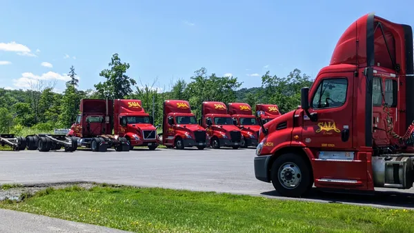 Saia tractors without trailers at a lot in Cresson, Pennsylvania