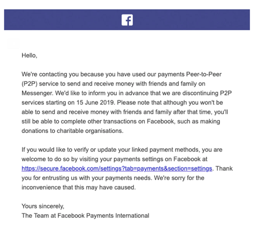 Facebook P2P payments announcement to users