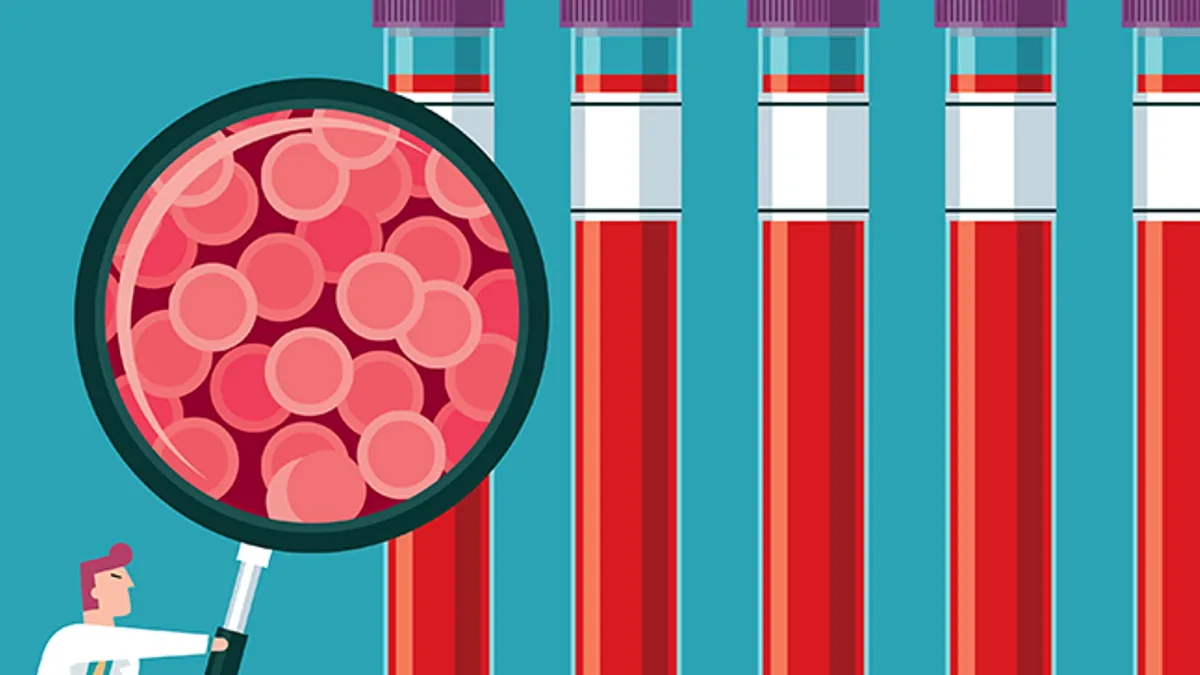 Illustration of medical vials with doctor holding magnifying glass showing blood cells.