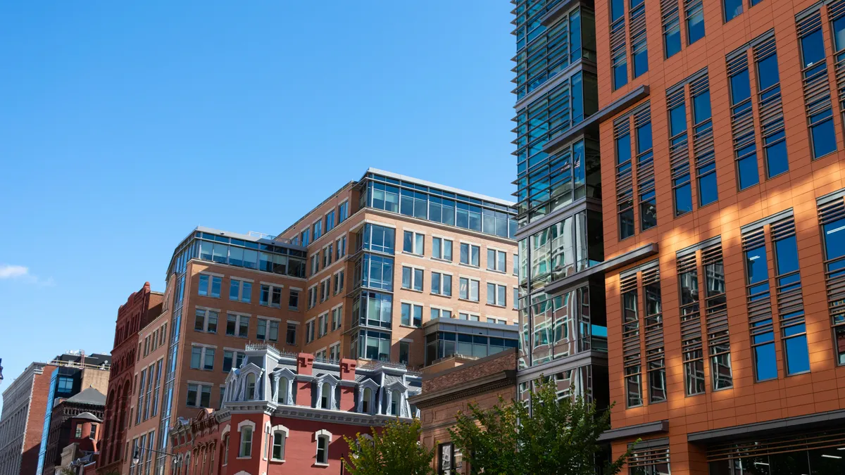 Buildings against a blue sky.