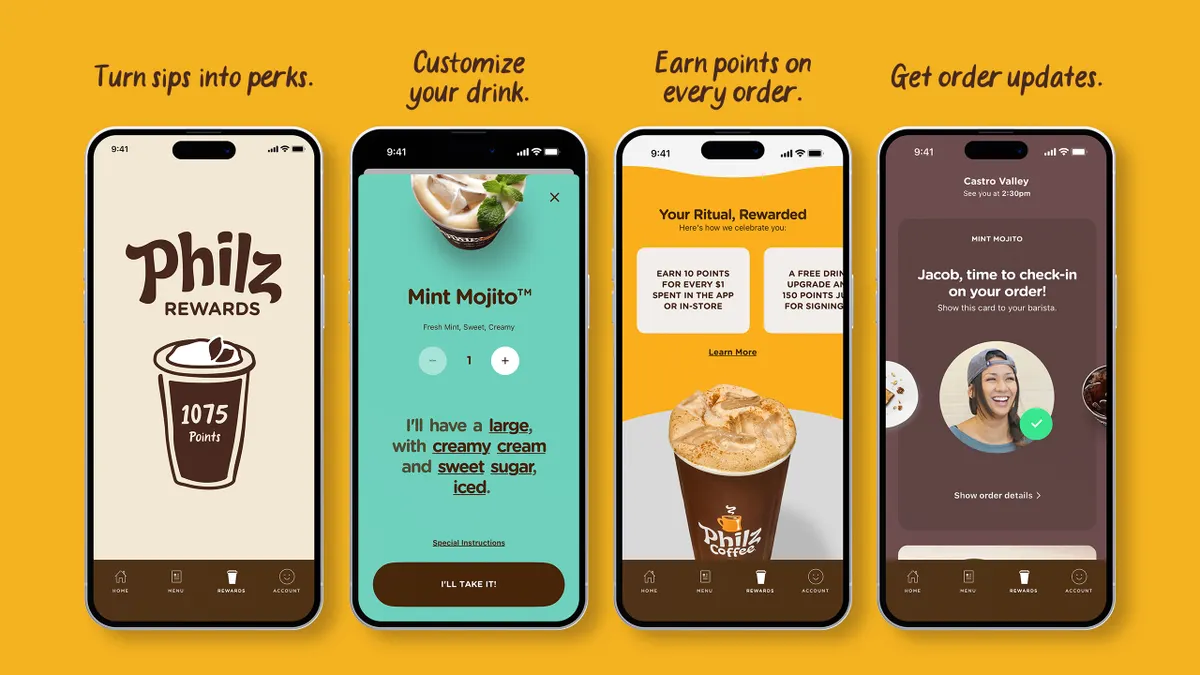 An orange background with simulated phone screens showing how Philz Coffee's loyalty system works.