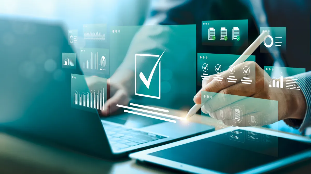 Digital approval and task management with futuristic interface. Businessman using stylus on tablet to complete checklist, analyze data on smart dashboard. Concept of workflow automation, e-signature.