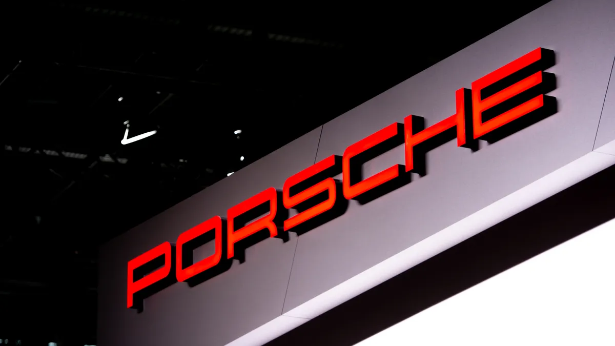 Porsche logo is displayed during the first press day at the 89th Geneva International Motor Show on March 5, 2019 in Geneva, Switzerland