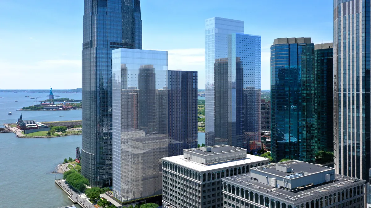 A cityscape with several tall buildings.