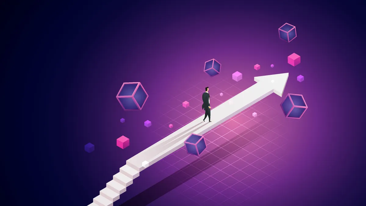 Businessman steps on the arrow bridge that goes forward on the path of Blockchain technology to future. Business Growth, Stocks, Currency and Investments. isometric vector illustration.