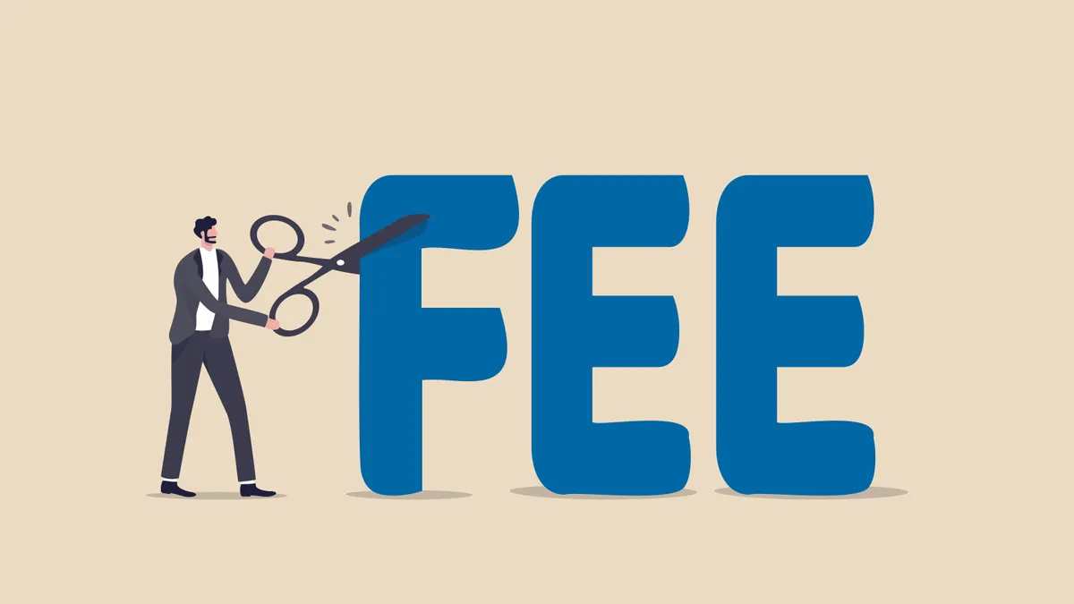 An animated figure using scissors to cut the word "fee"