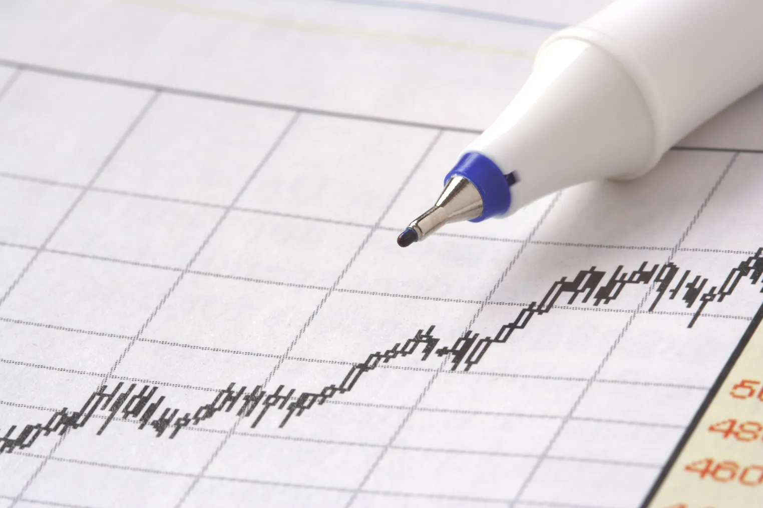 Close up shot of pen on a graph that shows steady rise across the x axis over time.