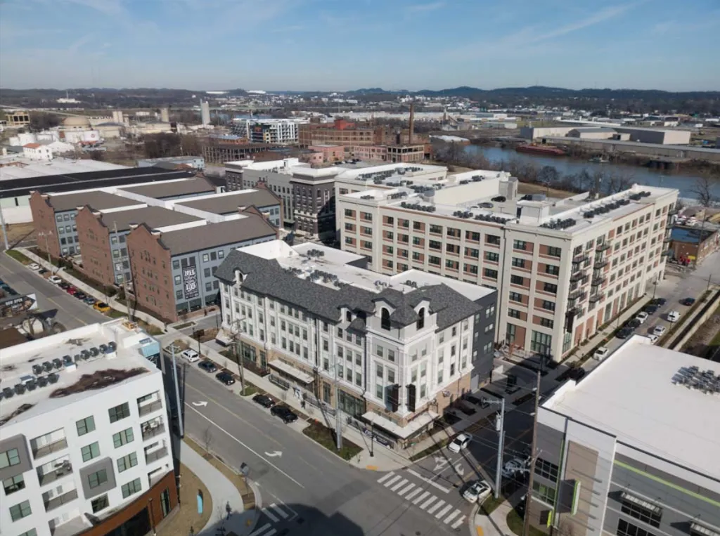 A neighborhood of five-story buildings.