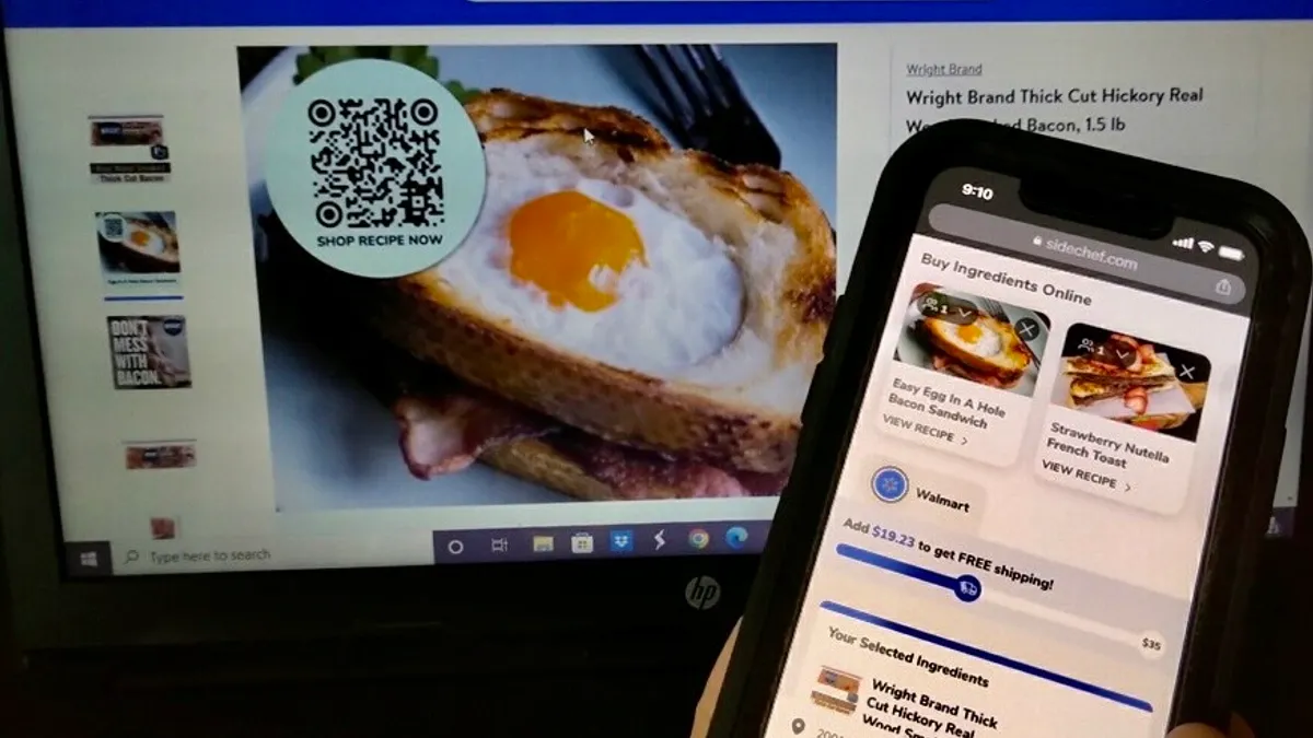 In the foreground, a hand holds a phone with SideChef shoppable recipe content. In the background, a QR code is shown on a computer screen.