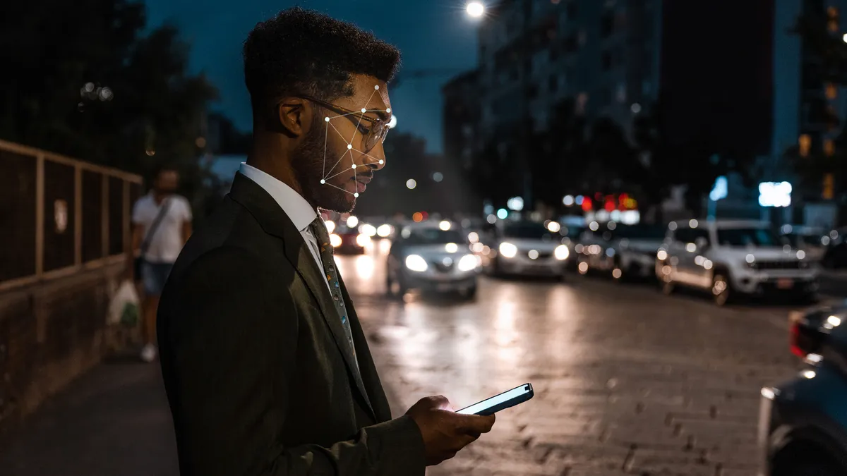 Man using facial recognition technology on city street