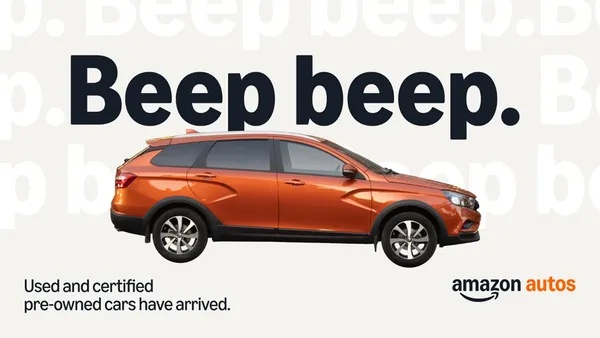 A press release photo showing an orange Hyundai vehicle with the phrase "Beep beep" and the Amazon Autos logo.