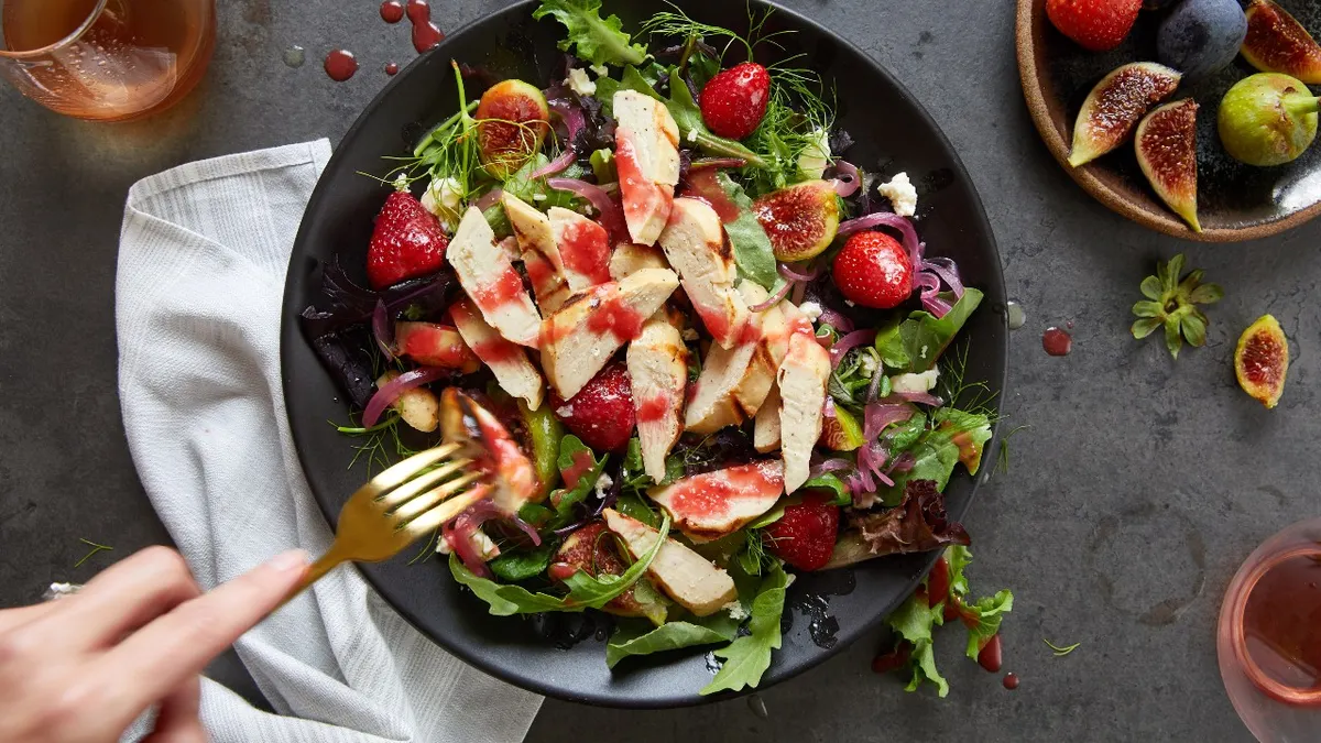 A salad with Eat Just's cell-based Good Meat chicken breast