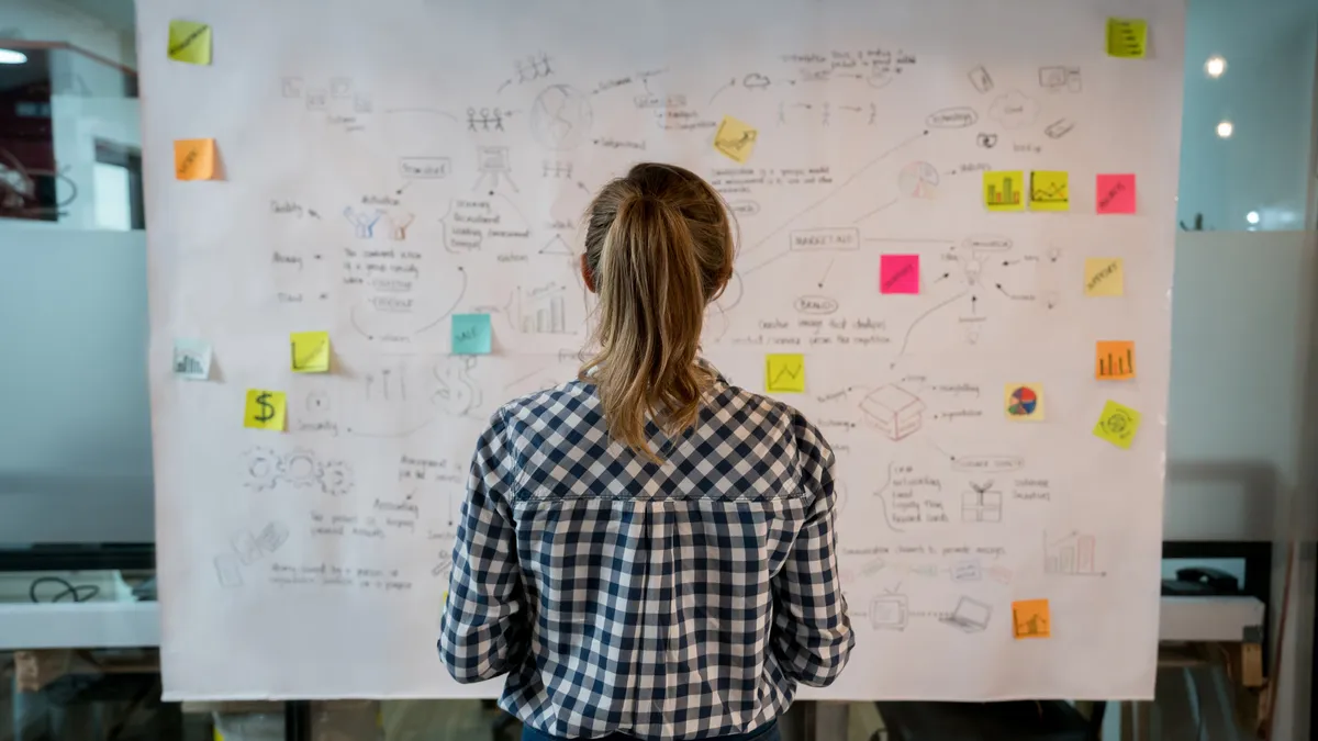 Woman sketching a business plan on a placard at a creative office.