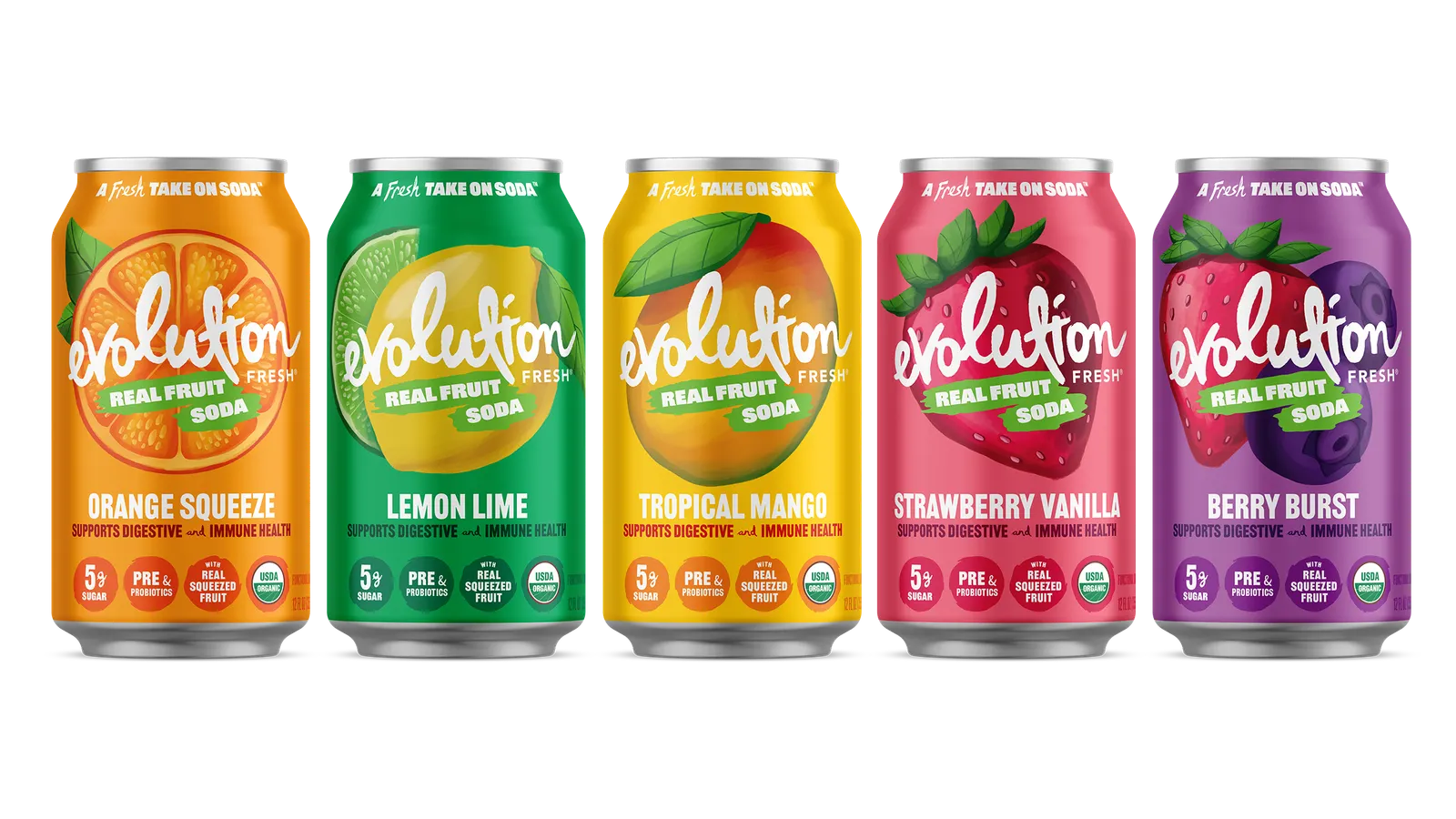 Evolution Fresh&#x27;s new real fruit soda cans.