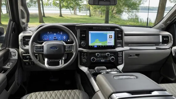 The interior and dashboard of a 2024 Ford F-150 Platinum with a digital instrument cluster and center-mounted display.