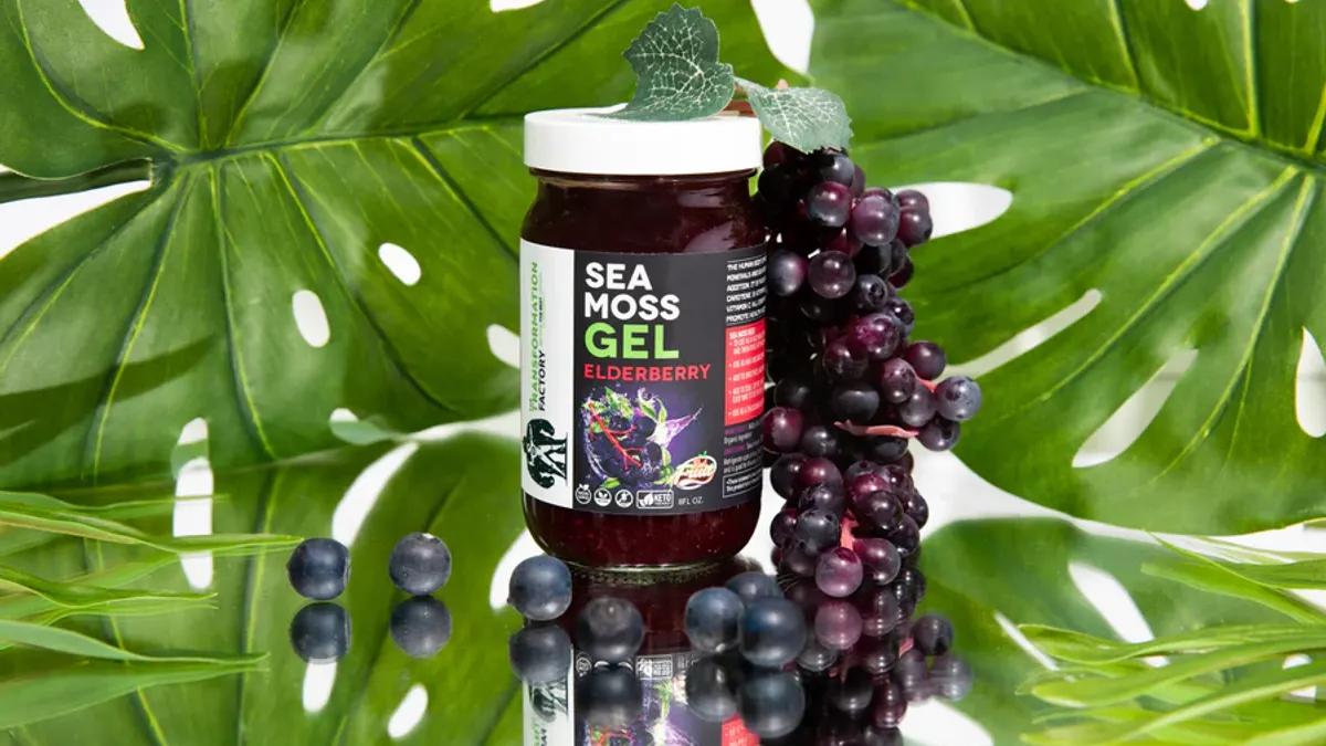 A container of sea moss gummies from The Transformation Factory.