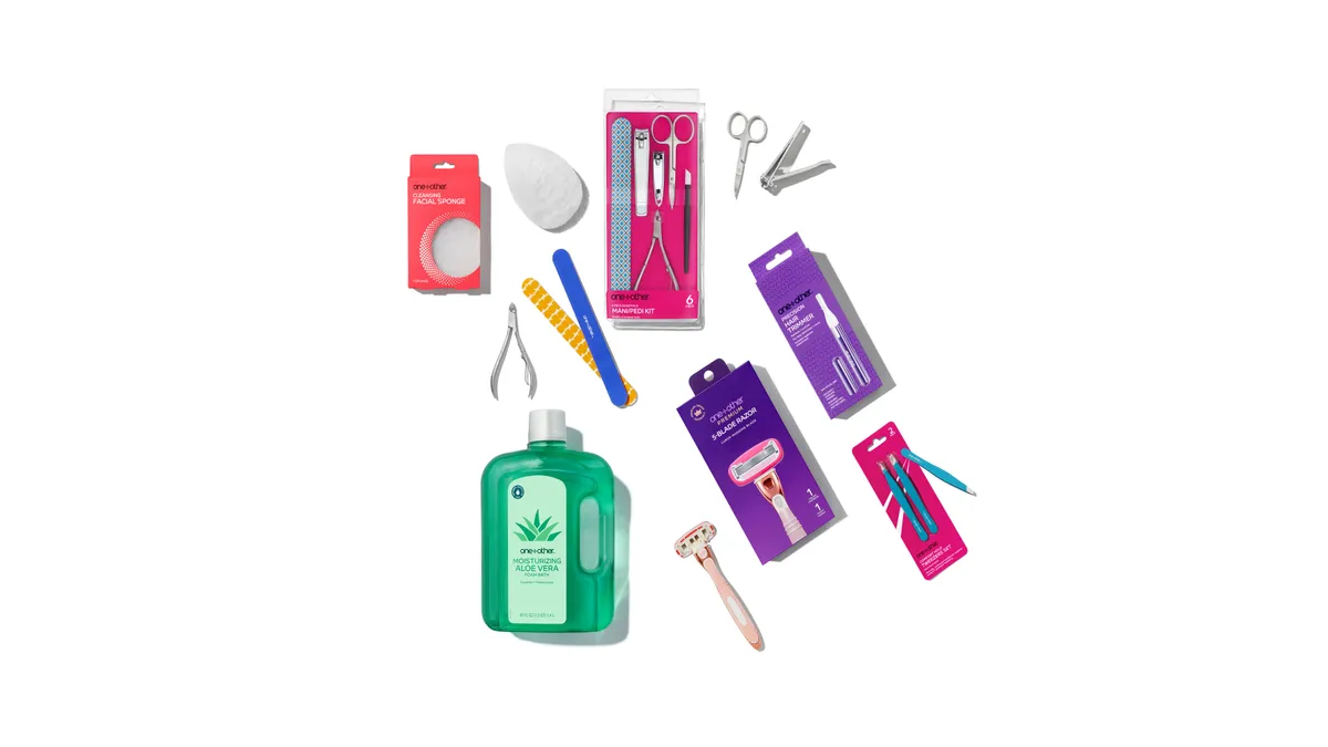 A collection of personal care products on a white background.