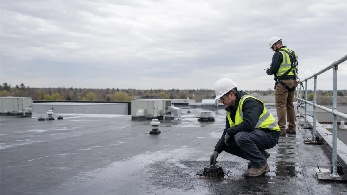 Two workers in safety gear inspect a rooftop drain.