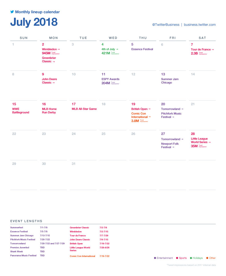 Twitter major events calendar - July 2018