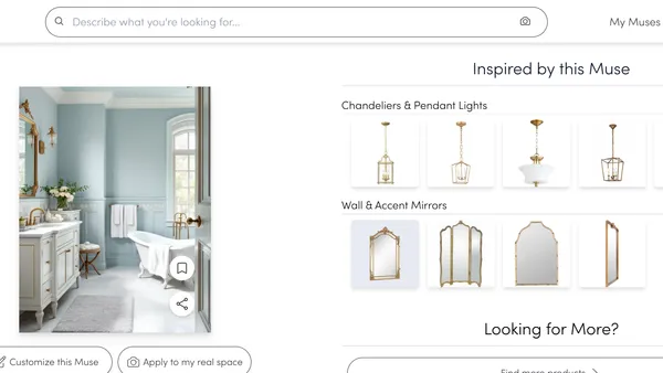 A screenshot of Wayfair's Muse tool with a search result for "ethereal blue bathroom."