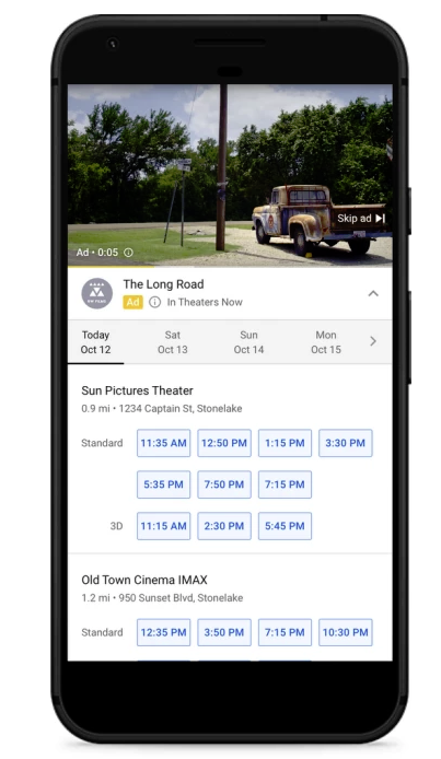 An example of a YouTube ad extension with movie showtimes