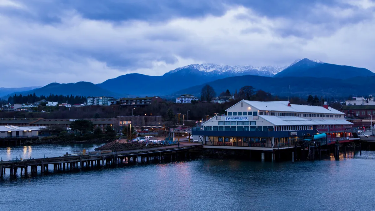 Piers in Port Angeles, Washington, in front of Olympic Mountains