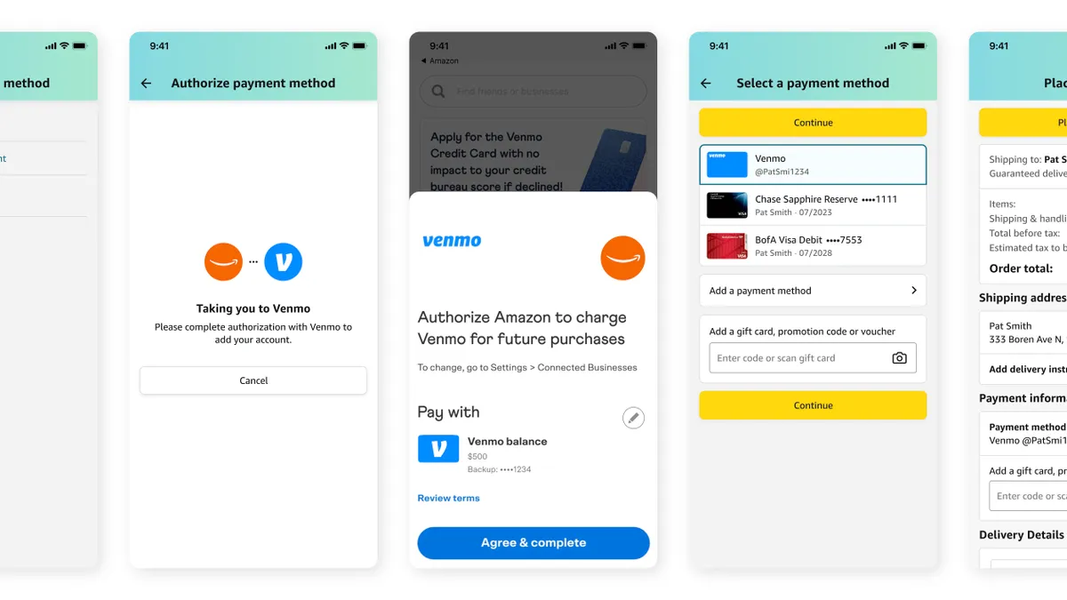 Screenshots of Amazon mobile app showing how to add venmo as payment option.