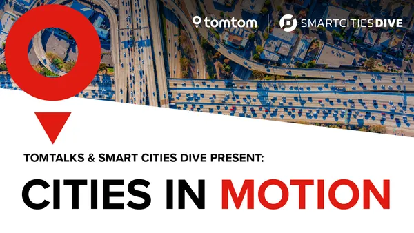 Podcast cover image for "Cities in Motion," presented by TomTalks and Smart Cities Dive, featuring an aerial view of a busy urban highway network.
