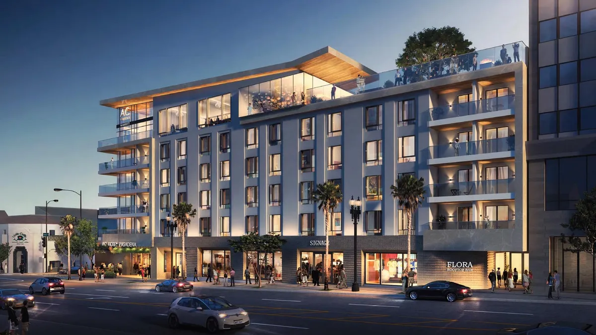 A rendering of a new hotel in Pasadena shows a street scene at night.