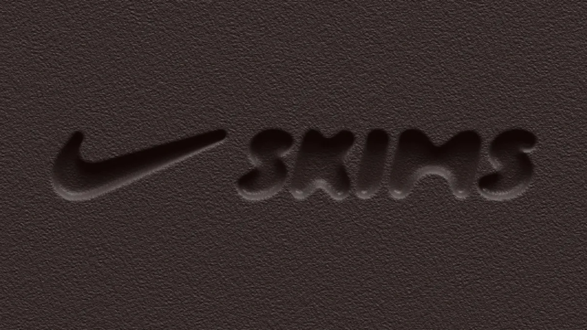 A brown background with the Nike checkmark logo and Skims logo.