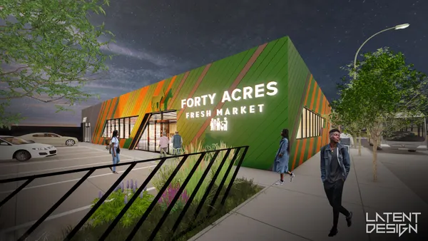 Rendering of the exterior of the Forty Acres Fresh Market