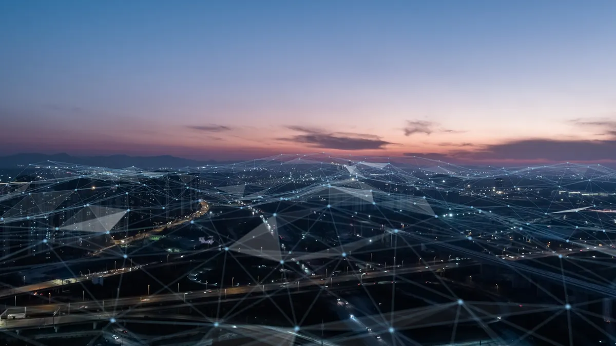 A skyline connected by Wi-Fi illustration.