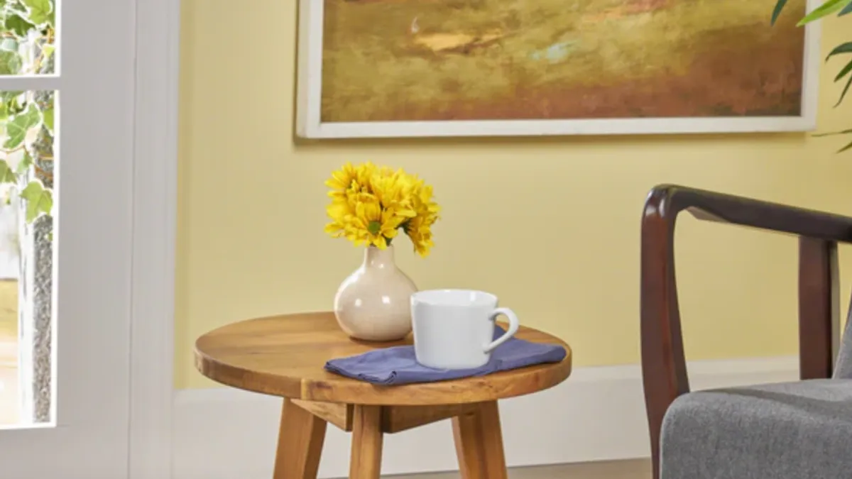 A marketing photo from e-commerce site of a chair and table in a room.