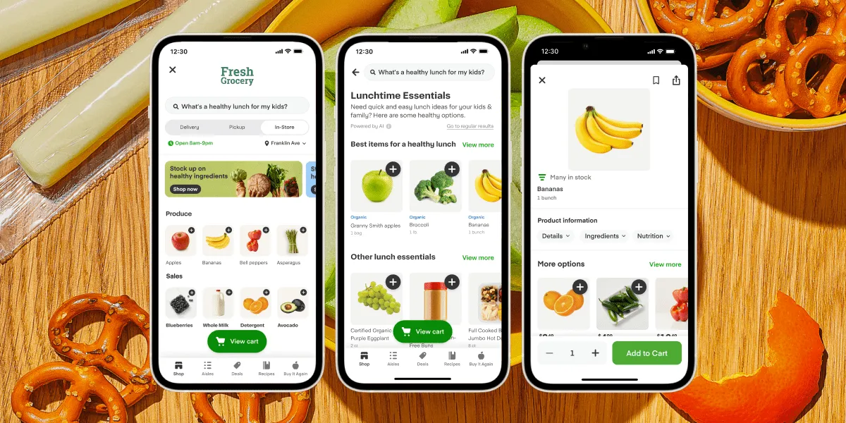 Three screenshots of a grocery app