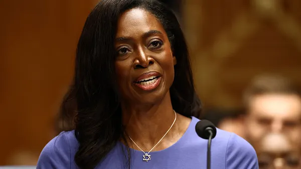 A picture of CDC director Erica Schwartz testifying at a Senate confirmation hearing.