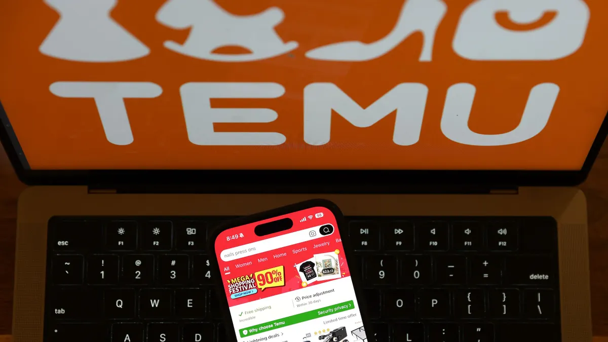 A Temu logo is on a laptop screen, with the app displayed on a smart phone.
