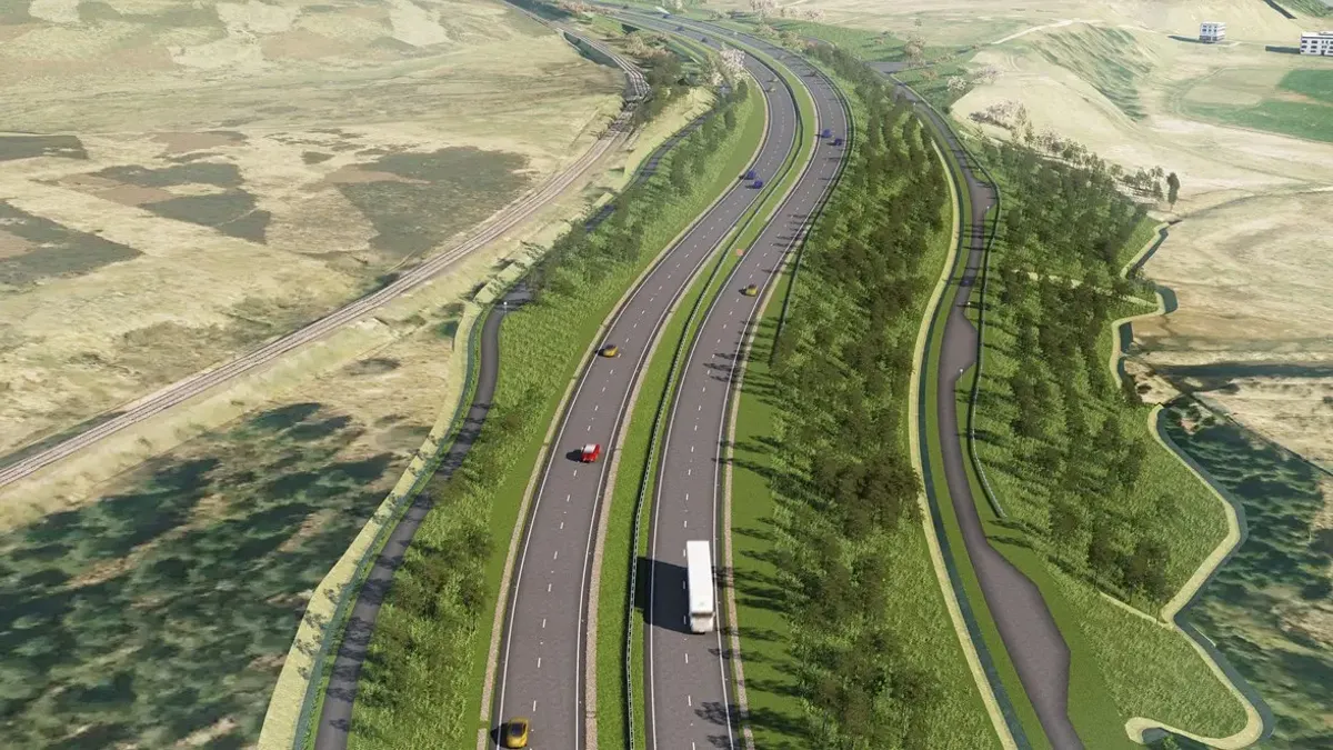 A rendering of a double-laned highway with cars and trucks driving up and down amid sunny green hills.