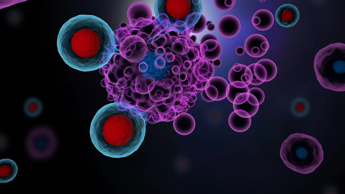 An illustration of T cells attacking cancer cells