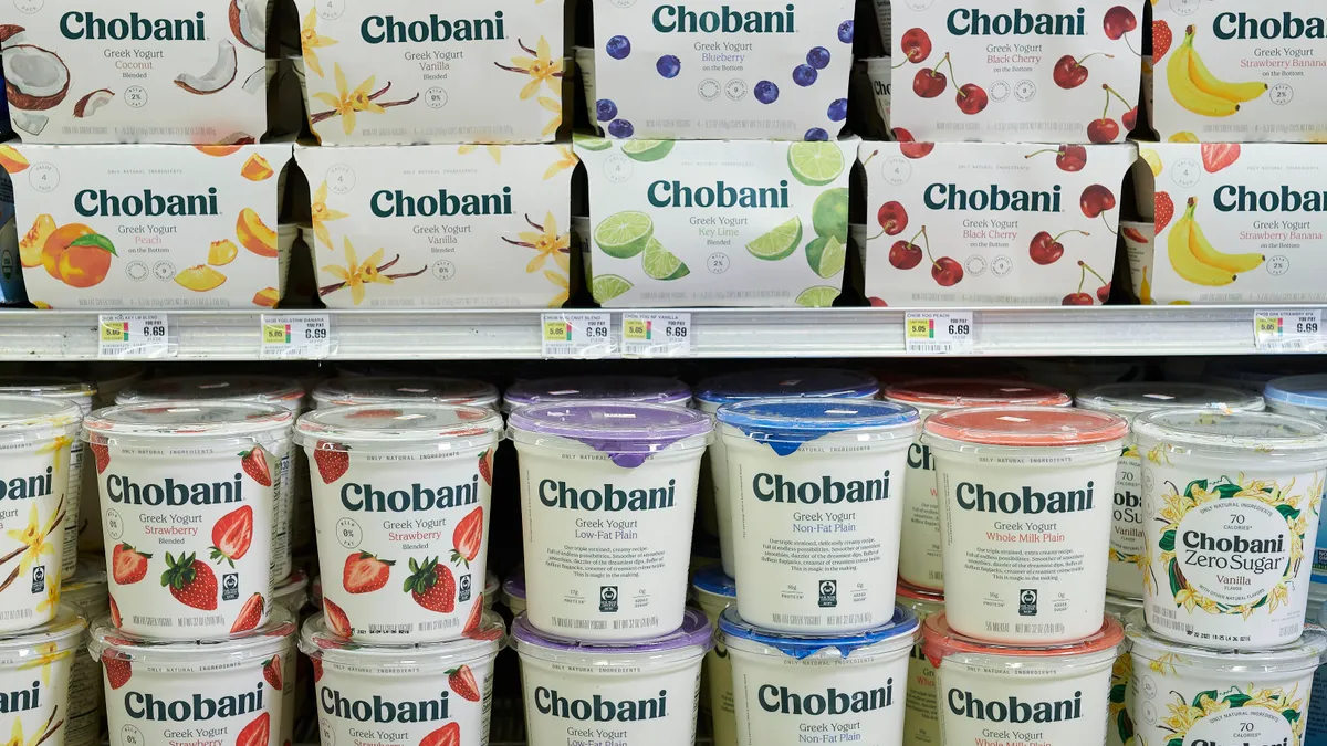 Chobani® Greek Yogurt in 32 oz. tubs and multi-packs are seen on the shelf in the dairy aisle at a local grocery store on August 12, 2021 in New York City.