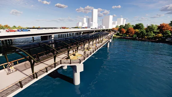 A rendering of a bridge over a body of water, with pedestrian and vehicular traffic.