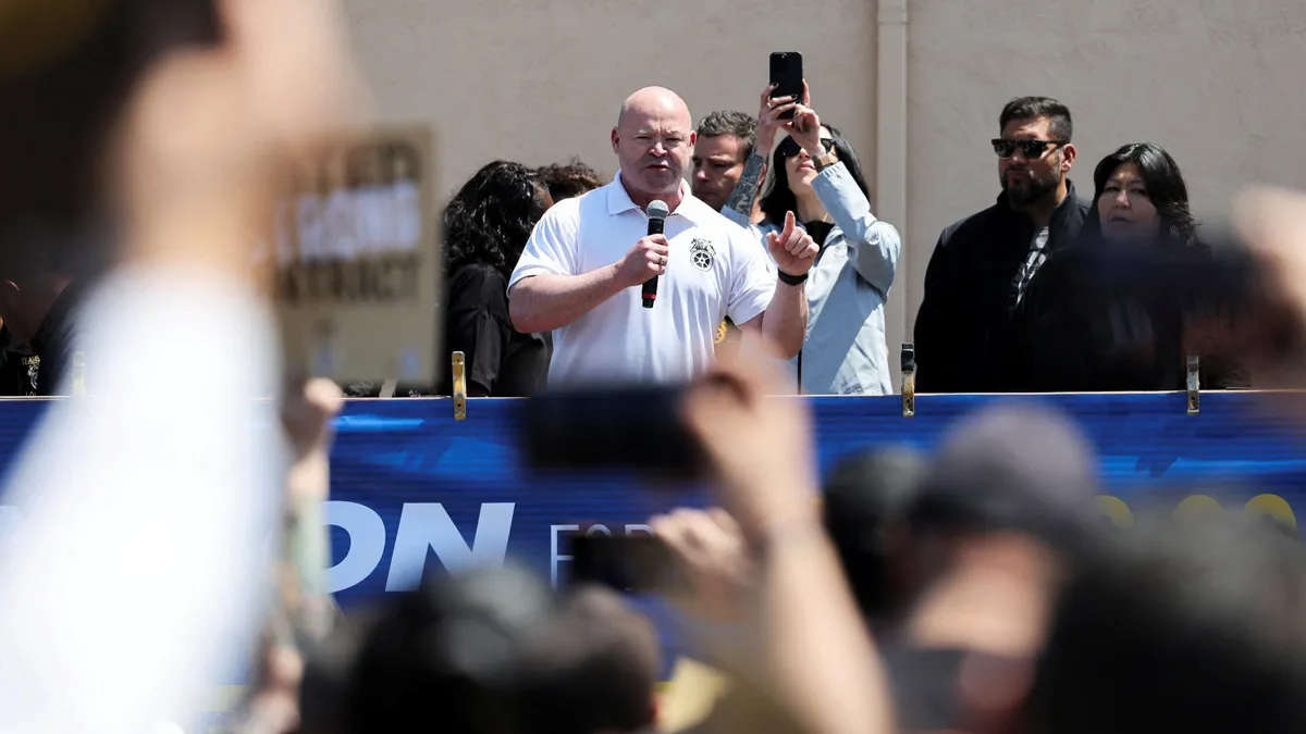 Teamsters President Sean O’Brien speaks during a rally in Orange, Calif., on April 15, 2023.