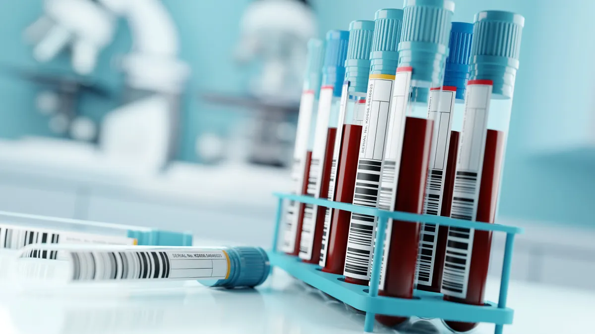 Blood samples and test results in a clinical medical laboratory.