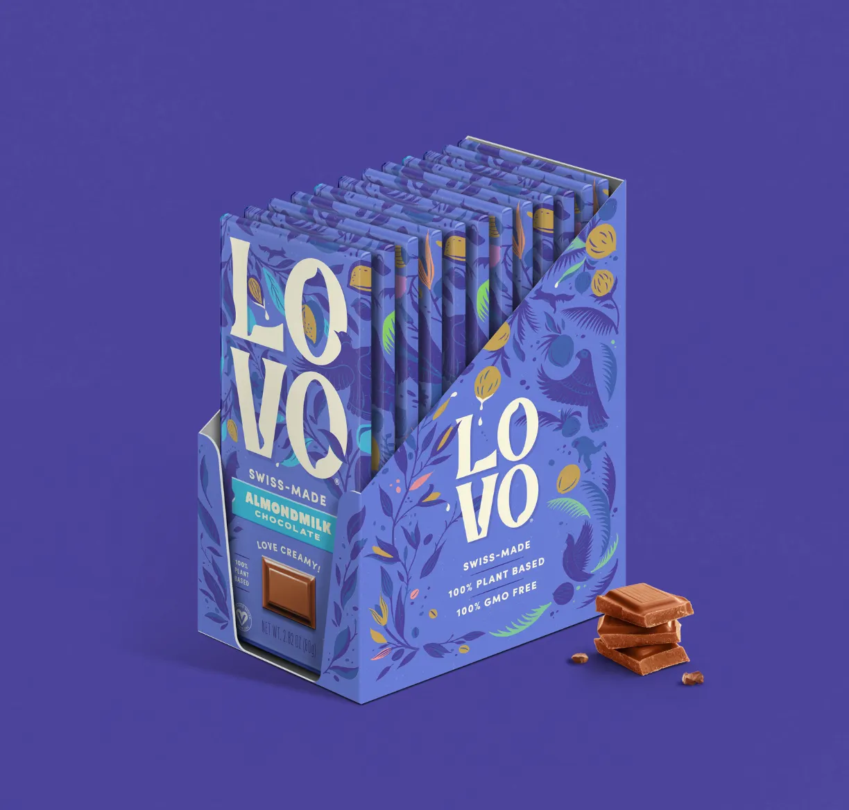A box of single wrapped Lovo chocolate bars on a light purple background that matches the packaging.