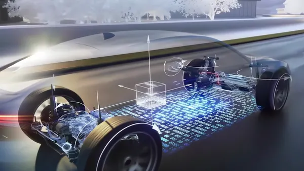 A graphic showing binary numbers representing how data moves throughout a software-based vehicle.