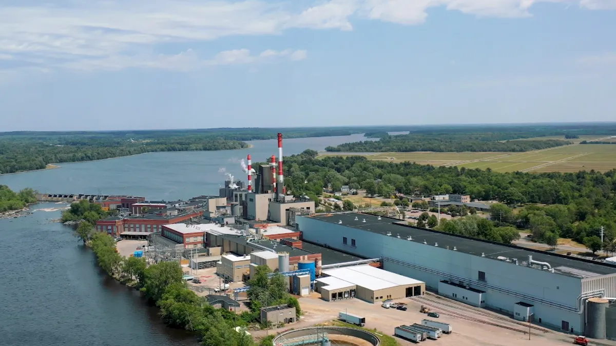 A wide aerial shot of ND Paper's mill in Biron, Wisconsin.