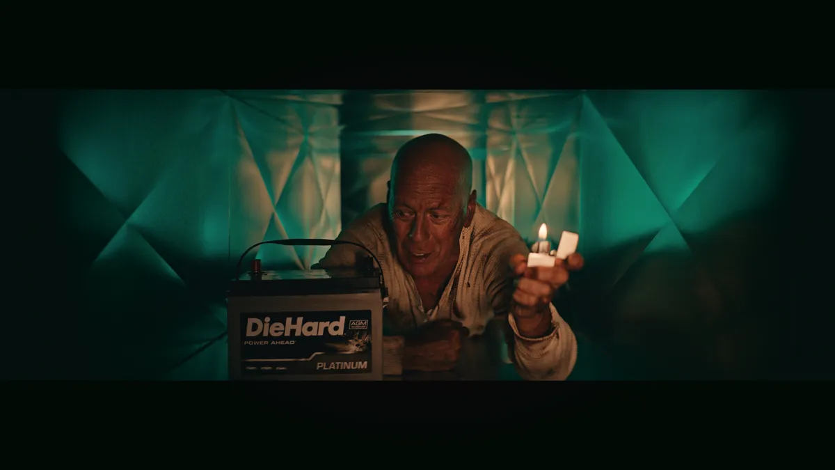 Bruce Willis appears in an Advance Auto Parts campaign promoting DieHard car batteries, retrieved by Marketing Dive on Oct. 19, 2020