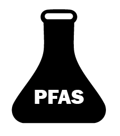 A black Erlenmeyer flask with the word “PFAS” inside the container on a transparent background.