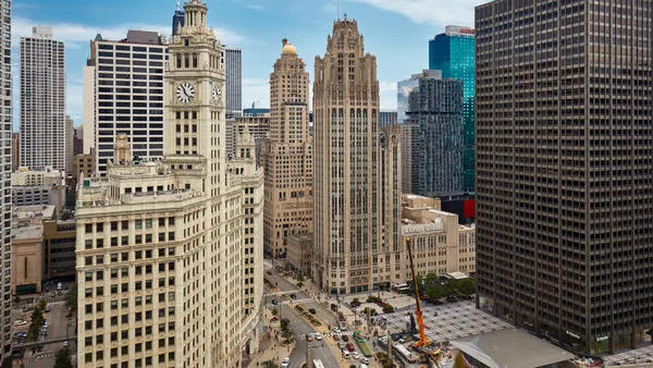 Aerial shot of high-rise buildings in a downtown
