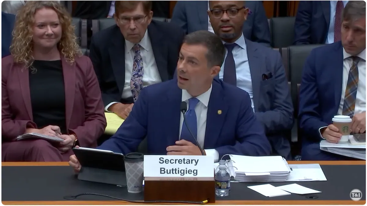 Transportation Secretary Pete Buttigieg speaking at a Congressional hearing.