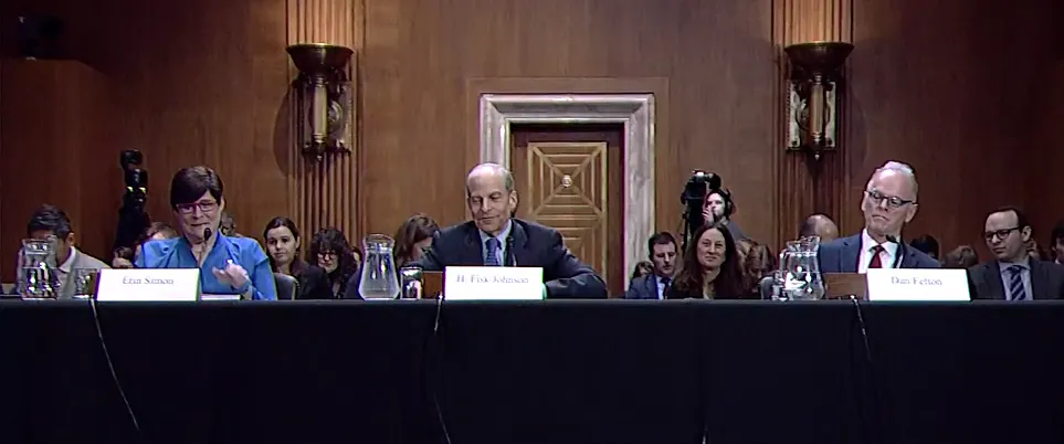 Screenshot from a video stream of a Senate EPW Committee Hearing on EPR Policies for Consumer Packaging on March 6, 2024. Seated left to right: Erin Simon (WWF), Fisk Johnson (SC Johnson) and Dan Felton (Ameripen).